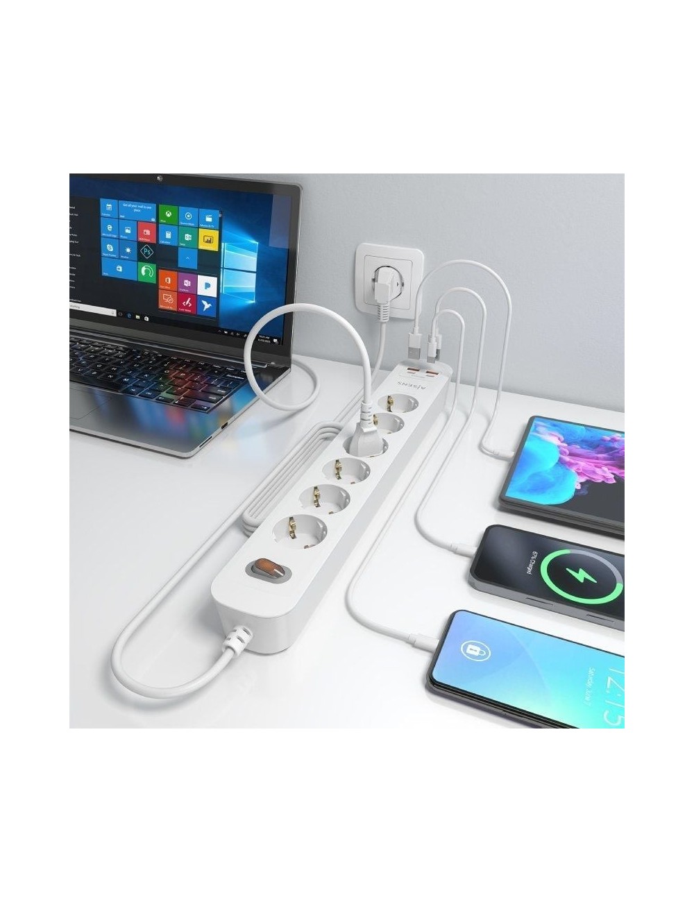 Regleta con Interruptor Aisens ASPS-2A2C16-W/ 6 Tomas de Corriente/ 2 USB - 2 USB Tipo-C/ Cable 1.4m/ Blanco