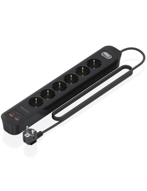 Regleta con Interruptor Aisens ASPS-2A2C17-BK/ 6 Tomas de Corriente/ 2 USB - 2 USB Tipo-C/ Cable 1.4m/ Negro