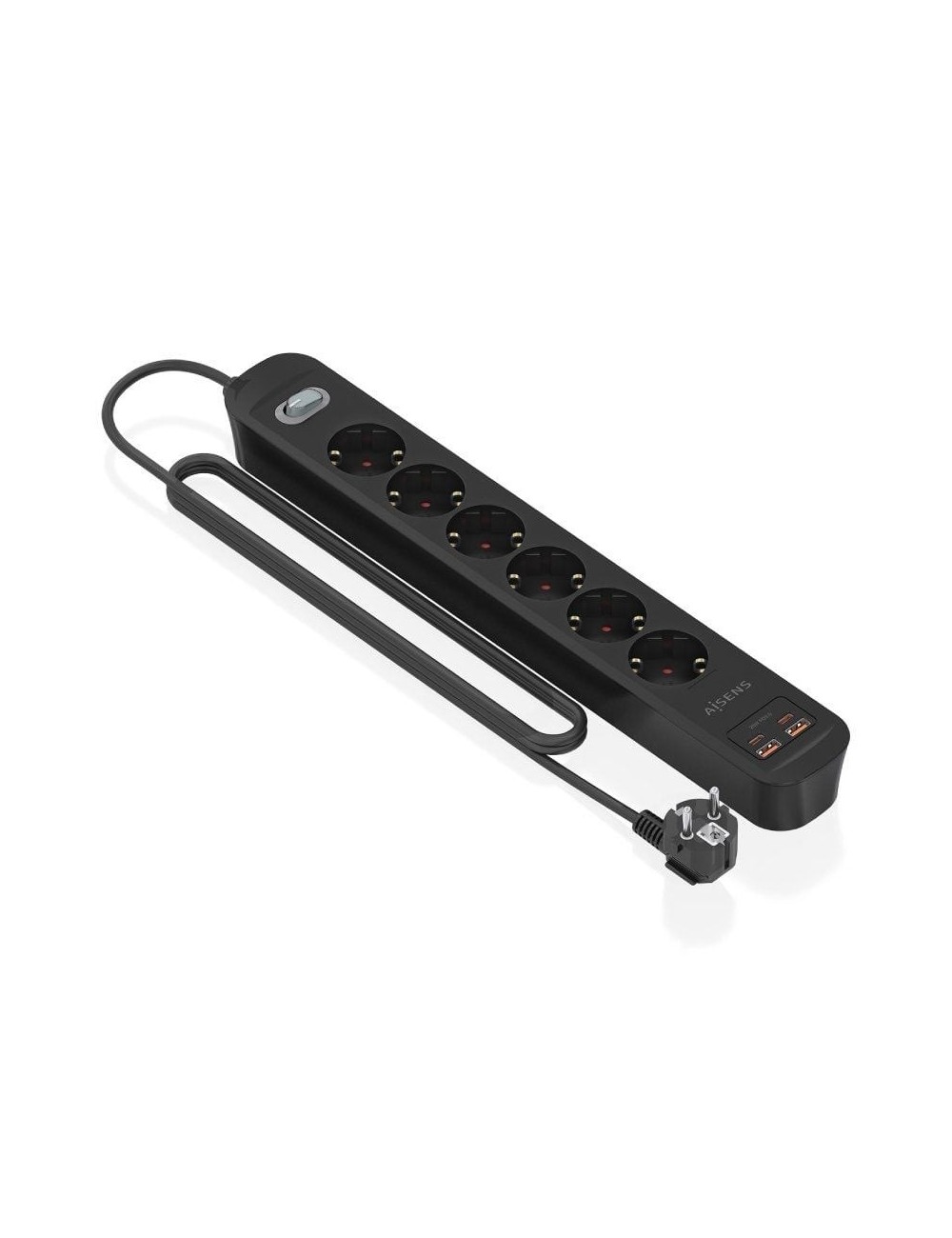 Regleta con Interruptor Aisens ASPS-2A2C17-BK/ 6 Tomas de Corriente/ 2 USB - 2 USB Tipo-C/ Cable 1.4m/ Negro