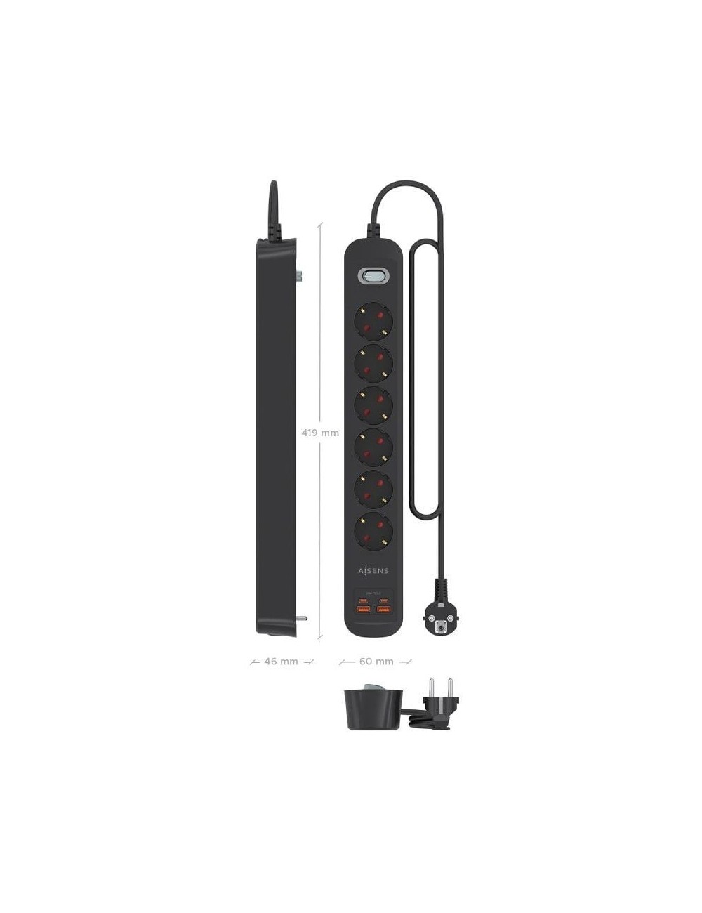 Regleta con Interruptor Aisens ASPS-2A2C17-BK/ 6 Tomas de Corriente/ 2 USB - 2 USB Tipo-C/ Cable 1.4m/ Negro