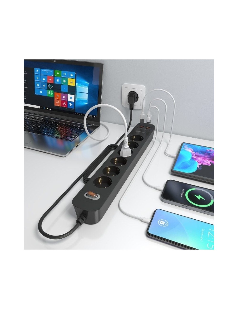 Regleta con Interruptor Aisens ASPS-2A2C17-BK/ 6 Tomas de Corriente/ 2 USB - 2 USB Tipo-C/ Cable 1.4m/ Negro