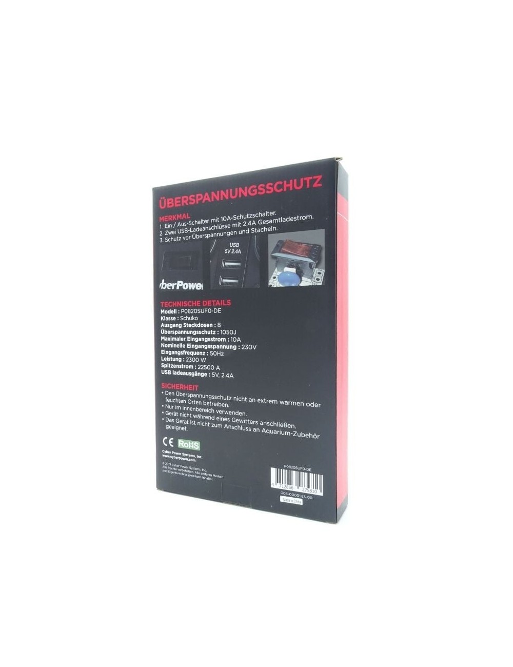 Regleta con Interruptor Cyberpower P0820SUD0-DE/ 8 Tomas de corriente/ 2 USB/ Cable 1.8m/ Negra