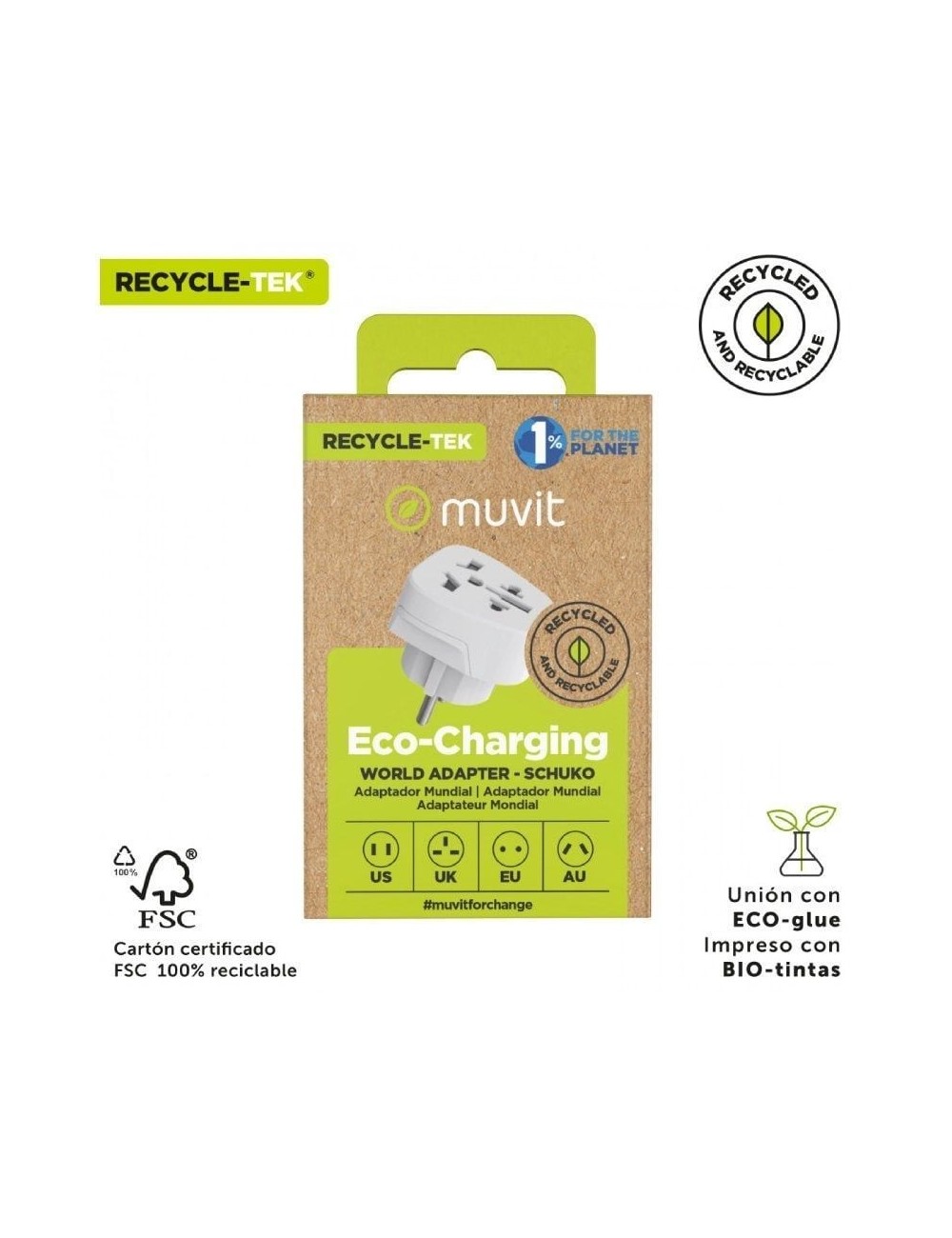 Enchufe Universal Muvit For Change MCADP0007/ 1 Toma de Corriente/ Blanco