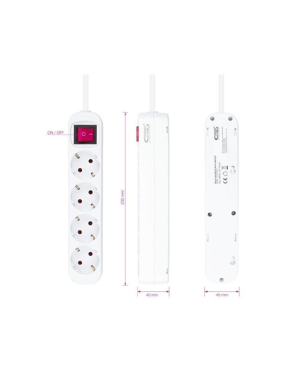 Regleta con Interruptor Nanocable 10.37.0004/ 4 Tomas de Corriente/ Cable 1.4m/ Blanca