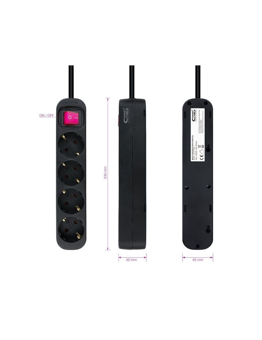 Regleta con Interruptor Nanocable 10.37.0004-BK/ 4 Tomas de Corriente/ Cable 1.4m/ Negro