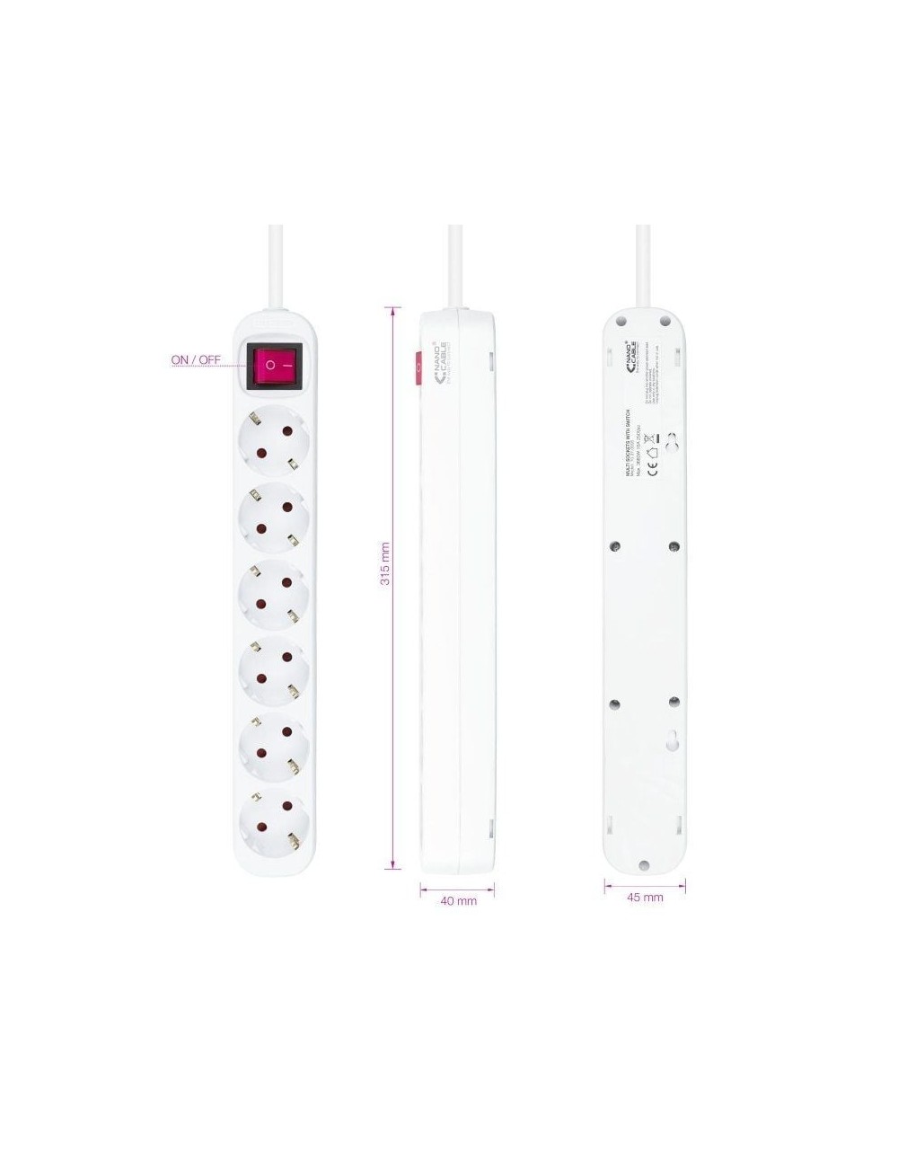 Regleta con Interruptor Nanocable 10.37.0006/ 6 Tomas de Corriente/ Cable 1.4m/ Blanca