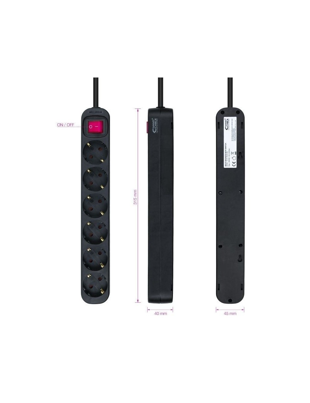 Regleta con Interruptor Nanocable 10.37.0006-BK/ 6 Tomas de Corriente/ Cable 1.4m/ Negro