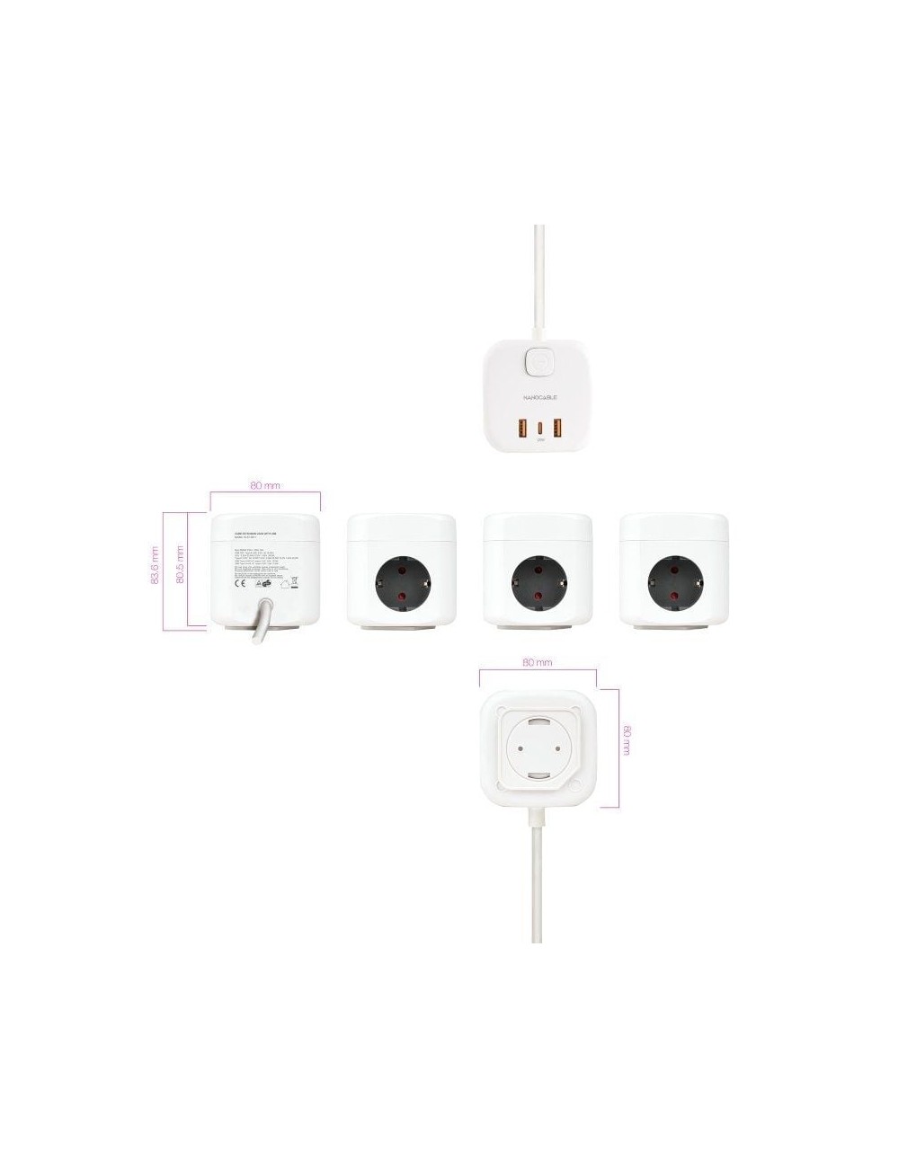 Regleta Nanocable 10.37.0011/ 3 Tomas de corriente/ 2 USB - 1 USB Tipo-C/ Cable 1.4m/ Blanca