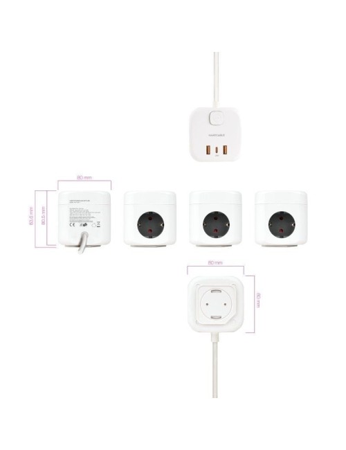 Regleta Nanocable 10.37.0011/ 3 Tomas de corriente/ 2 USB - 1 USB Tipo-C/ Cable 1.4m/ Blanca
