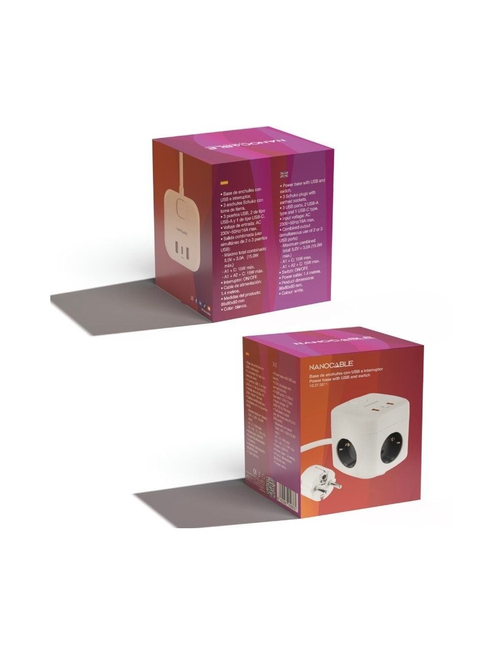 Regleta Nanocable 10.37.0011/ 3 Tomas de corriente/ 2 USB - 1 USB Tipo-C/ Cable 1.4m/ Blanca