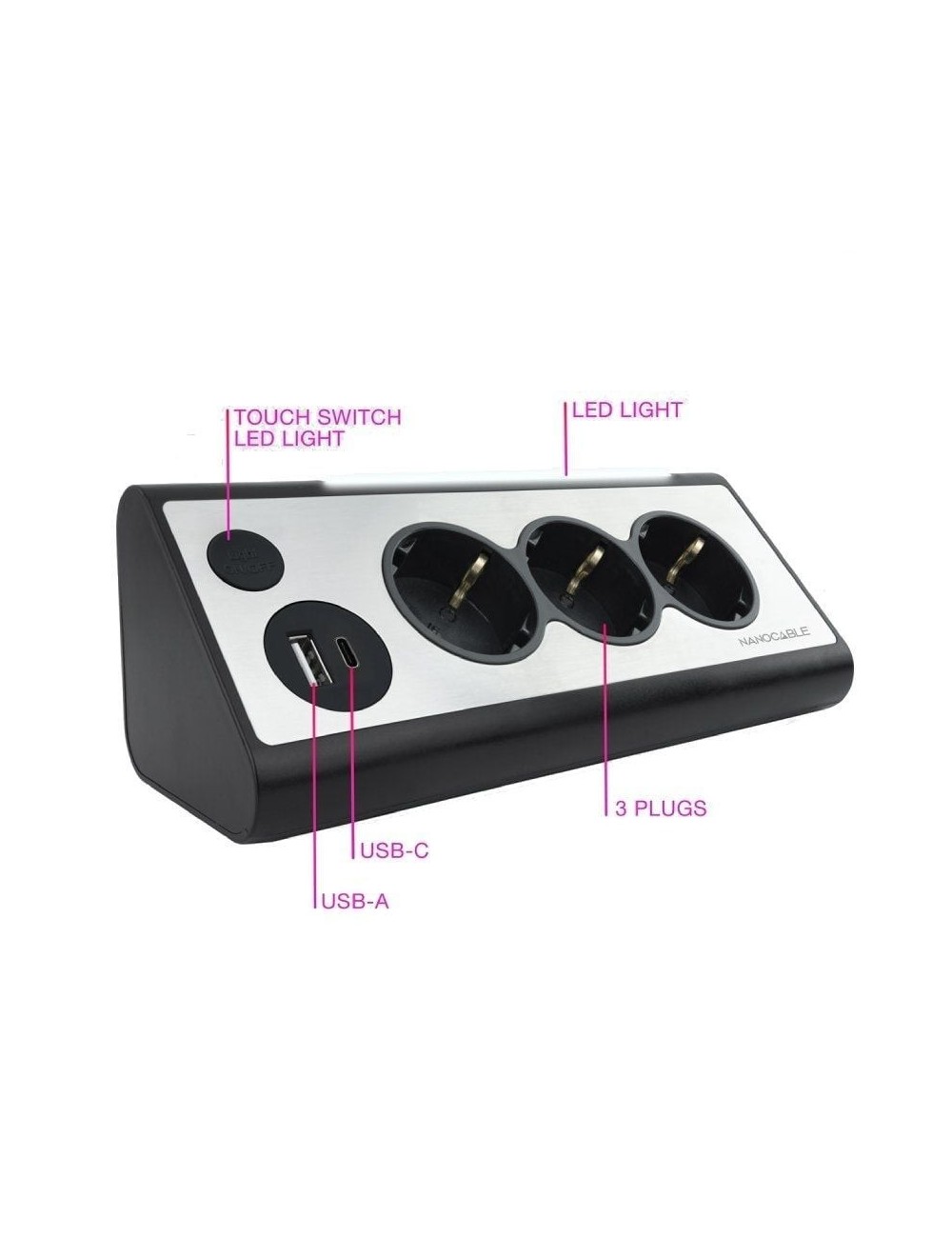 Regleta con Interruptor Nanocable 10.37.0013-BK/ 3 Tomas de Corriente/ 1 USB/ 1 USB Tipo C/ Cable 1.5m/ Negro
