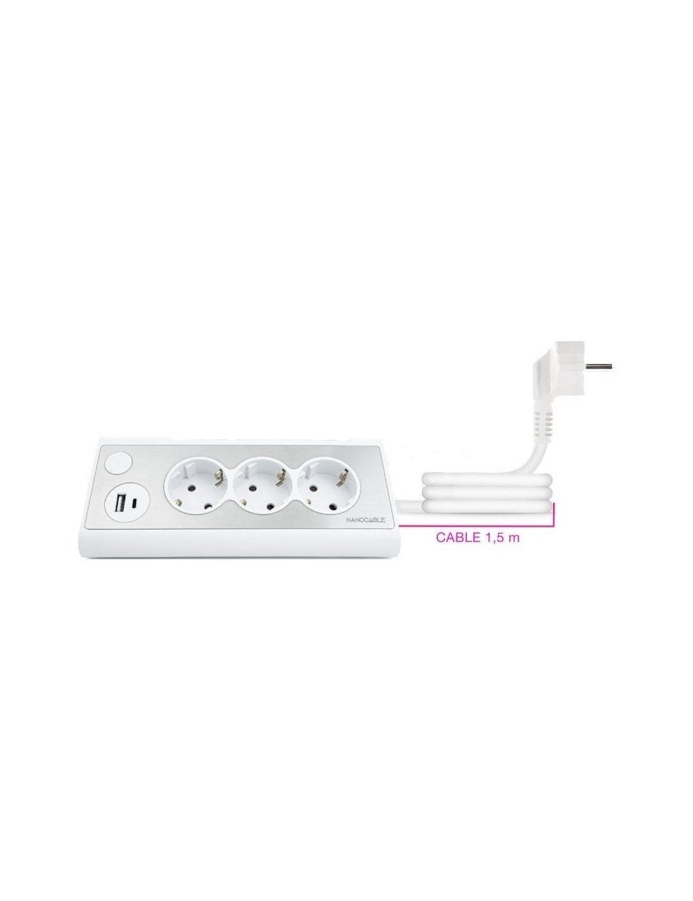 Regleta con Interruptor Nanocable 10.37.0013-W/ 3 Tomas de Corriente/ 1 USB/ 1 USB Tipo-C/ Cable 1.5m/ Blanca