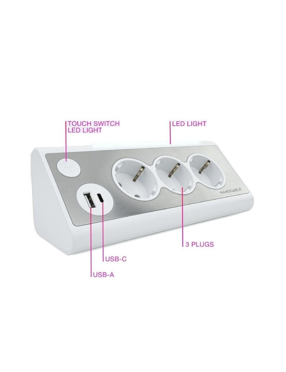 Regleta con Interruptor Nanocable 10.37.0013-W/ 3 Tomas de Corriente/ 1 USB/ 1 USB Tipo-C/ Cable 1.5m/ Blanca
