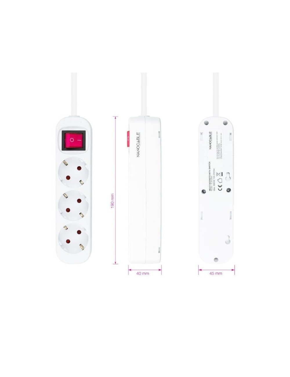 Regleta con Interruptor Nanocable 10.38.0003/ 3 Tomas de Corriente/ Cable 1.4m/ Blanca