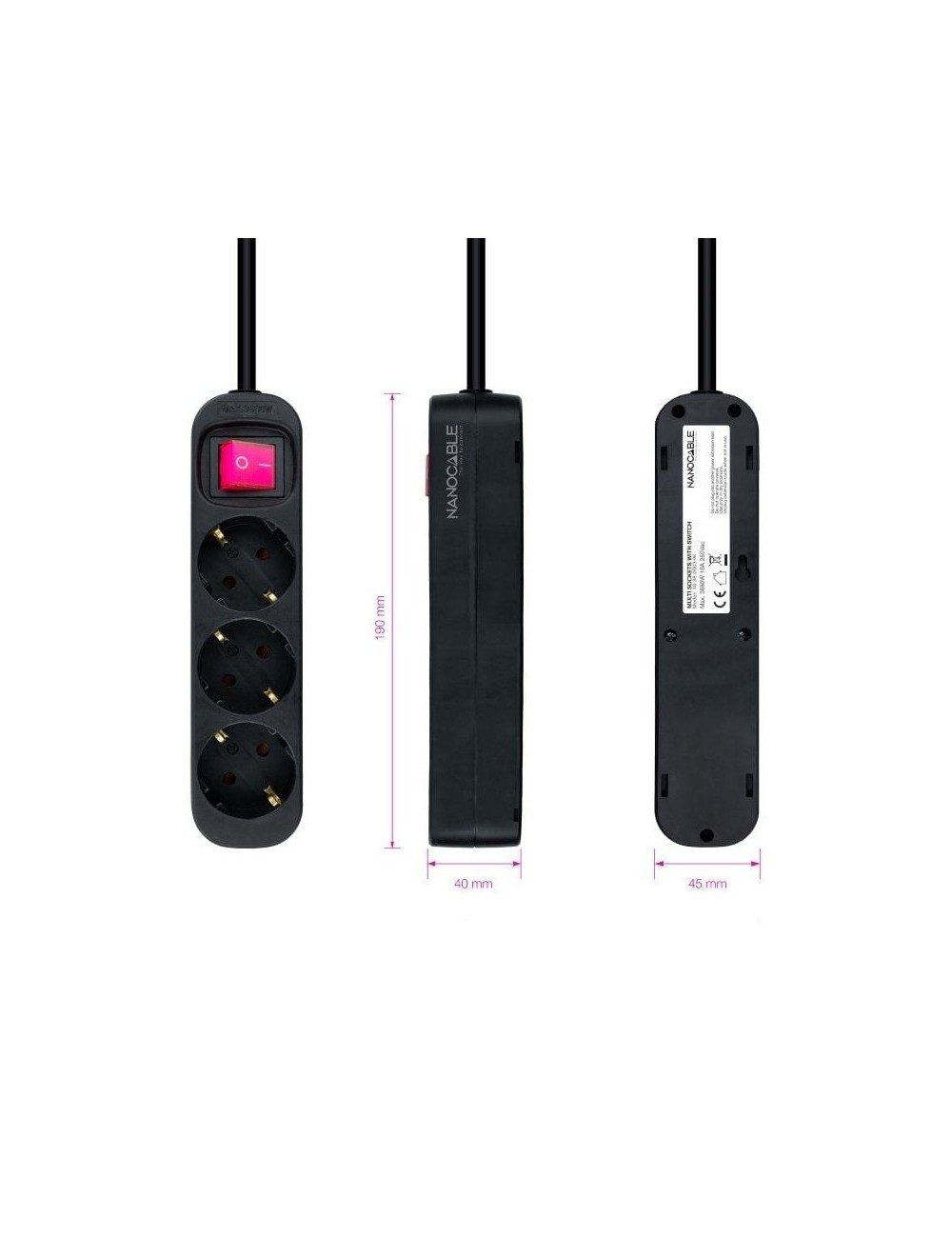 Regleta con Interruptor Nanocable 10.38.0003-BK/ 3 Tomas de Corriente/ Cable 1.4m/ Negra