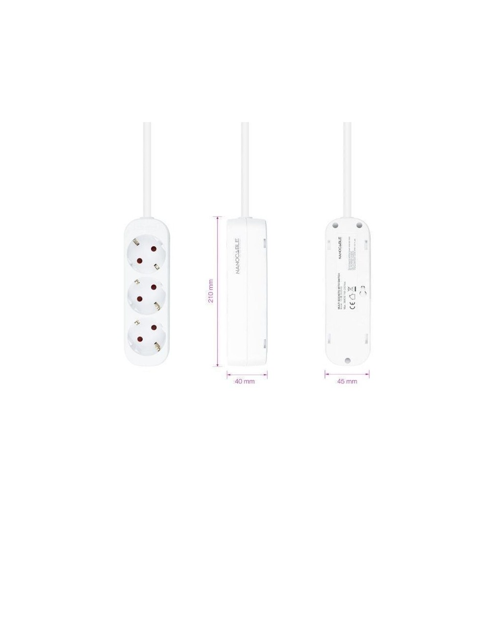 Regleta Nanocable 10.38.0003-NS/ 3 Tomas de Corriente/ Cable 1.4m/ Blanca