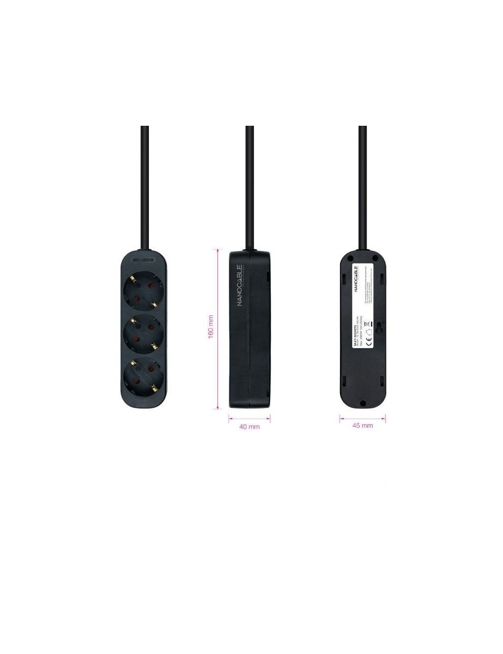 Regleta Nanocable 10.38.0003-NS-BK/ 3 Tomas de Corriente/ Cable 1.4m/ Negra