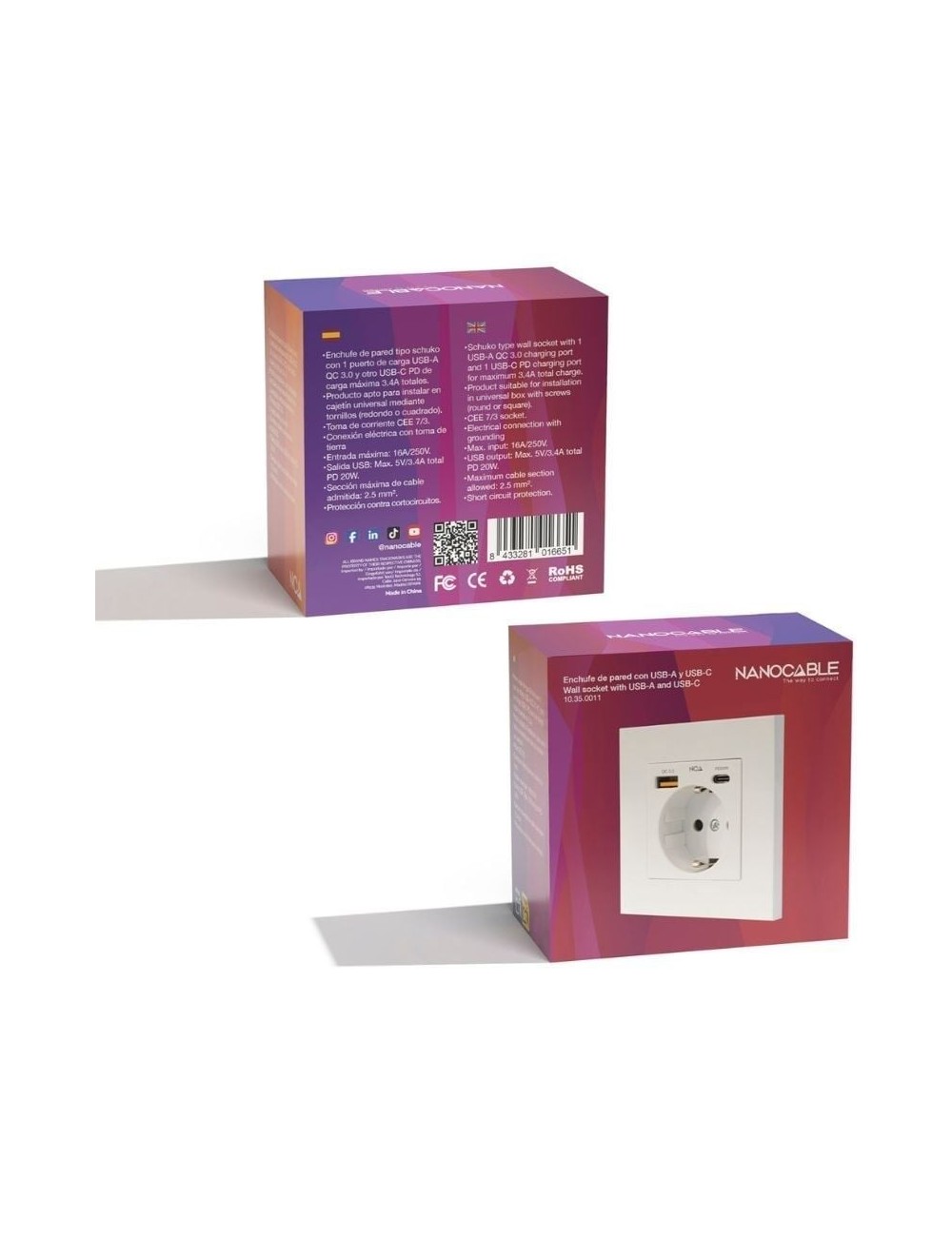 Roseta de Pared Nanocable 10 35 0011/ 1 Schuko/ 1 USB Tipo-C/ 1 USB