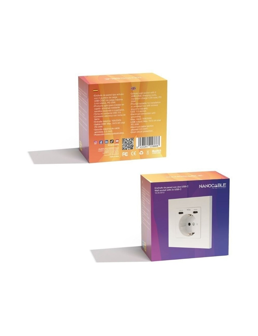 Roseta de Pared Nanocable 10 35 0012/ 1 Schuko/ 2 USB