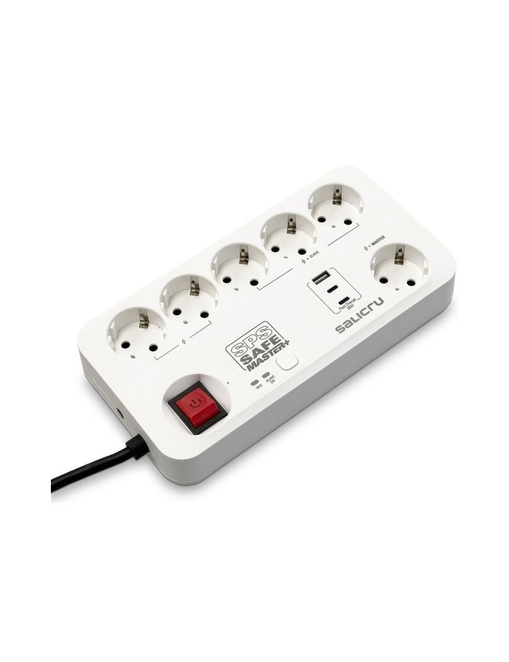 Regleta con interruptor Salicru SAFE MASTER+/ 5 Tomas de corriente/ 1 Master/ 2 USB Tipo-C/ 1 USB/ Cable 1.4m/ Blanca