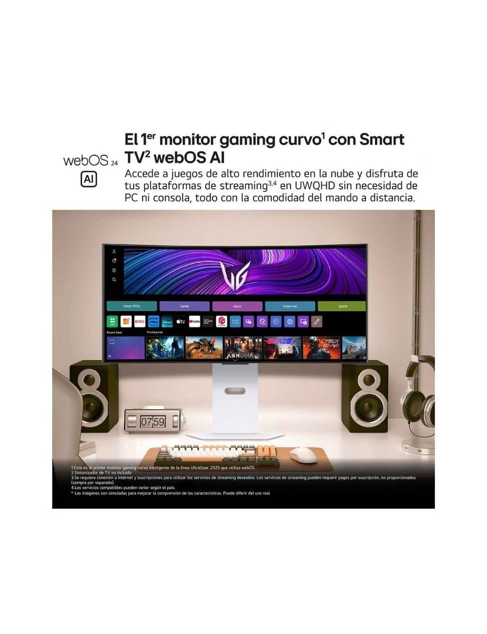 Smart Monitor Gaming Ultrapanorámico Curvo LG UltraGear 34GX90SA-W 34'/ WQHD/ Multimedia/ 0.03ms/ 240Hz/ OLED/ Regulable en altu