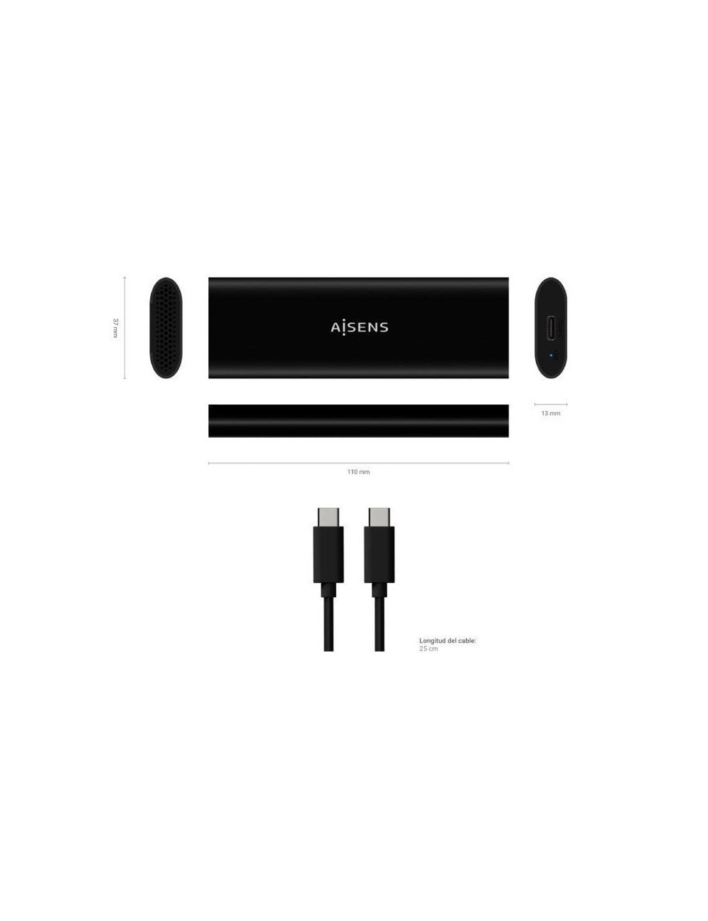 Caja Externa para Disco SSD M.2 SATA/NVMe Aisens ASM2-014B/ USB 3.2/ Sin tornillos