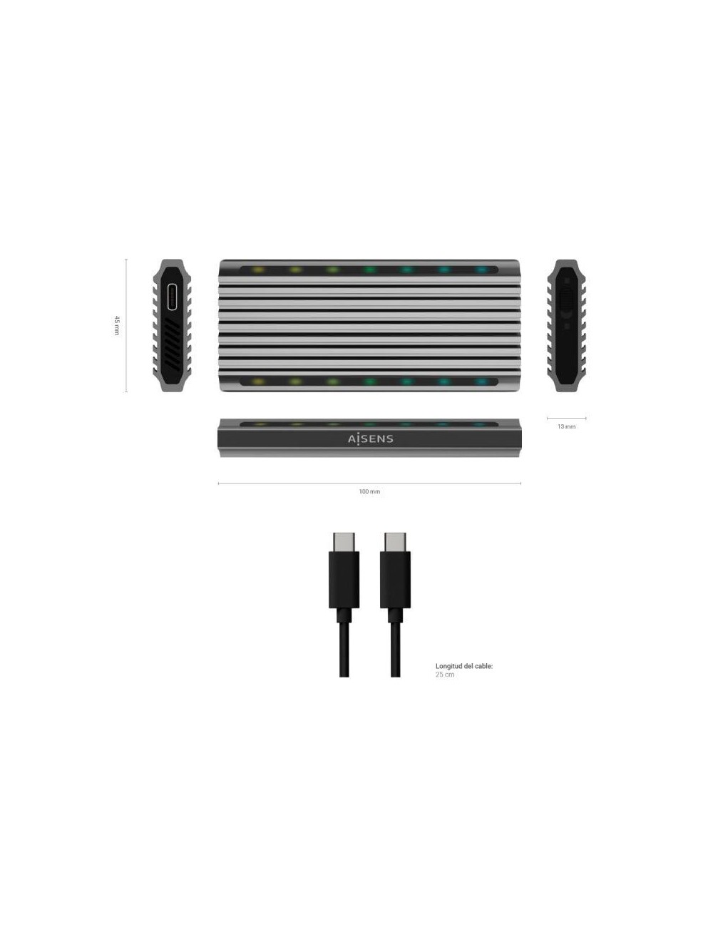 Caja Externa para Disco SSD M.2 SATA/NVMe Aisens ASM2-RGB011GR/ USB 3.2 Gen2/ Sin Tornillos