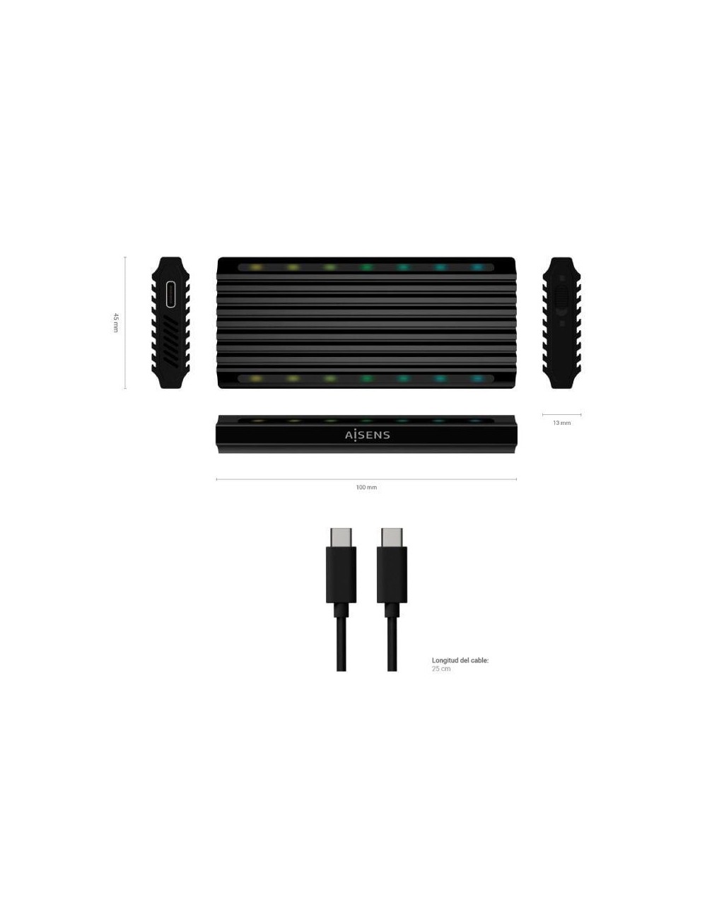 Caja Externa para Disco SSD M.2 SATA/NVMe Aisens ASM2-RGB012B/ USB 3.2/ Sin tornillos