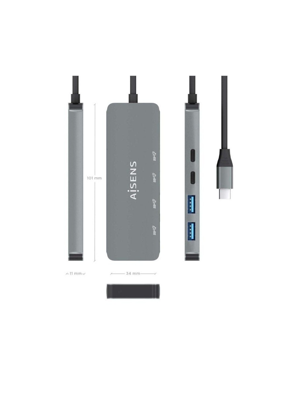 Hub USB Tipo-C Aisens A109-0694/ 2xUSB/ 2xUSB Tipo-C/ Gris