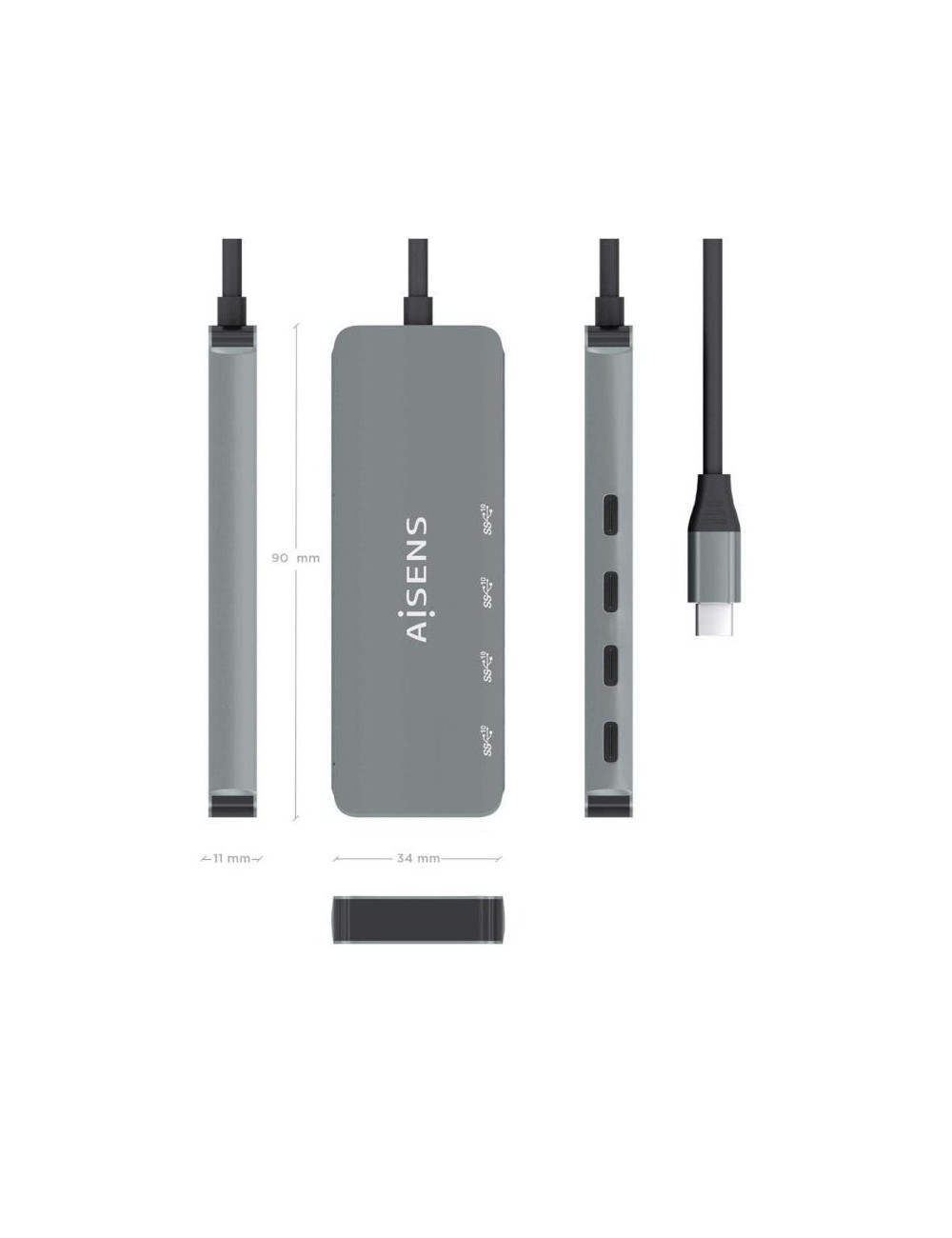 Hub USB Tipo-C Aisens A109-0695/ 4xUSB Tipo-C/ Gris