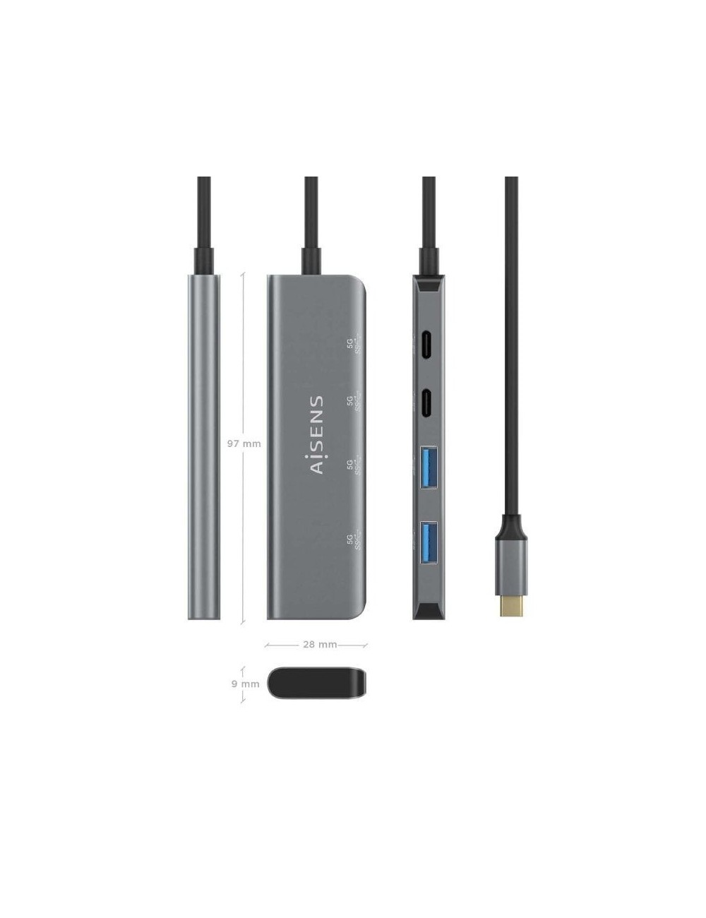 Hub USB Tipo-C Aisens A109-0763/ 2xUSB/ 2xUSB Tipo-C/ Gris