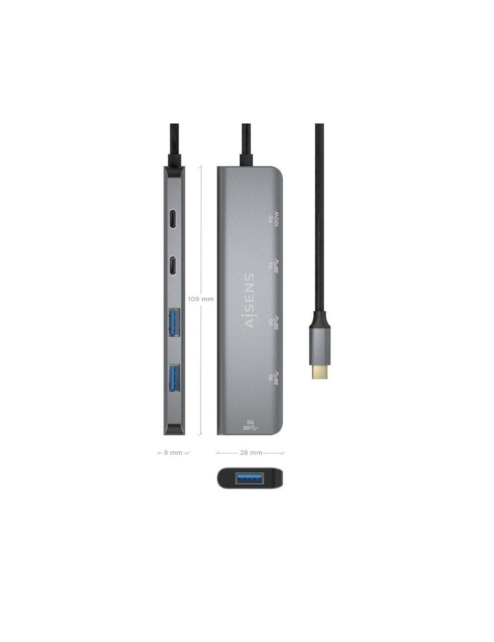 Hub USB Tipo-C Aisens A109-0857/ 3xUSB/ 1xUSB Tipo-C/ 1xUSB Tipo-C PD/ Gris