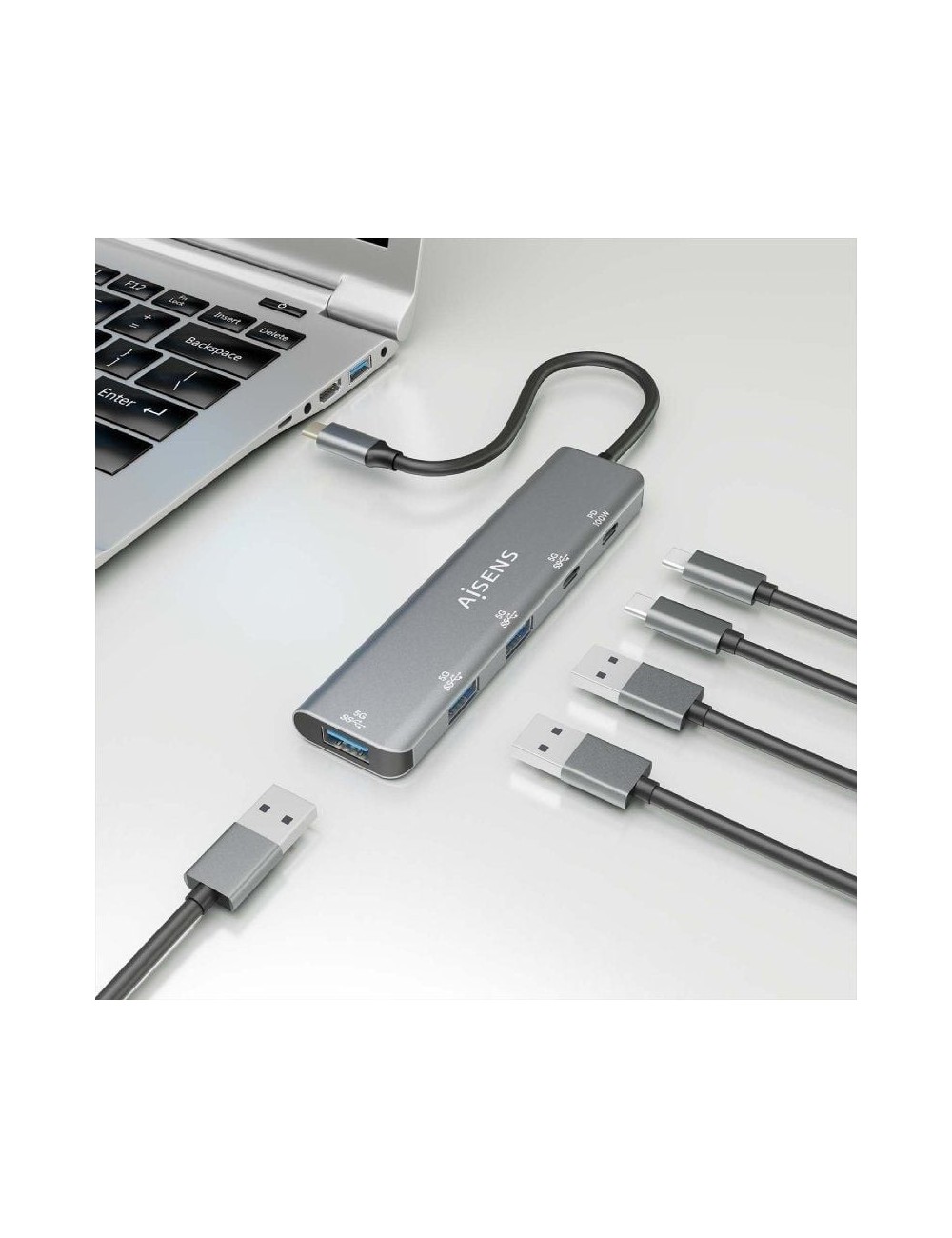 Hub USB Tipo-C Aisens A109-0857/ 3xUSB/ 1xUSB Tipo-C/ 1xUSB Tipo-C PD/ Gris