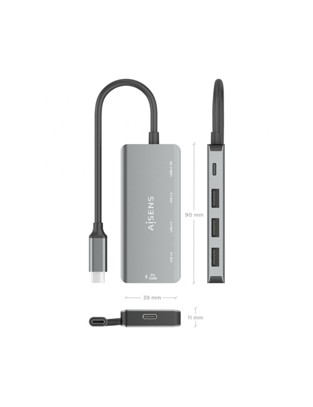 Hub USB Tipo-C Aisens A109-0945/ 3xUSB/ 1xUSB Tipo-C/ 1xUSB Tipo-C PD/ Gris