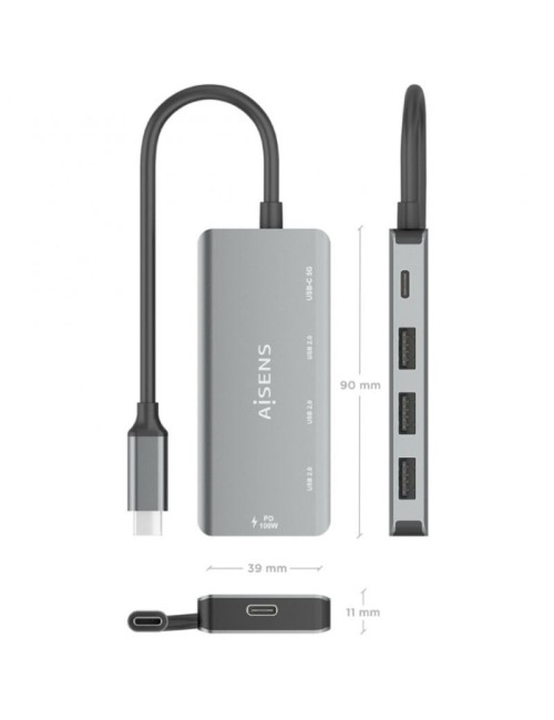 Hub USB Tipo-C Aisens A109-0945/ 3xUSB/ 1xUSB Tipo-C/ 1xUSB Tipo-C PD/ Gris