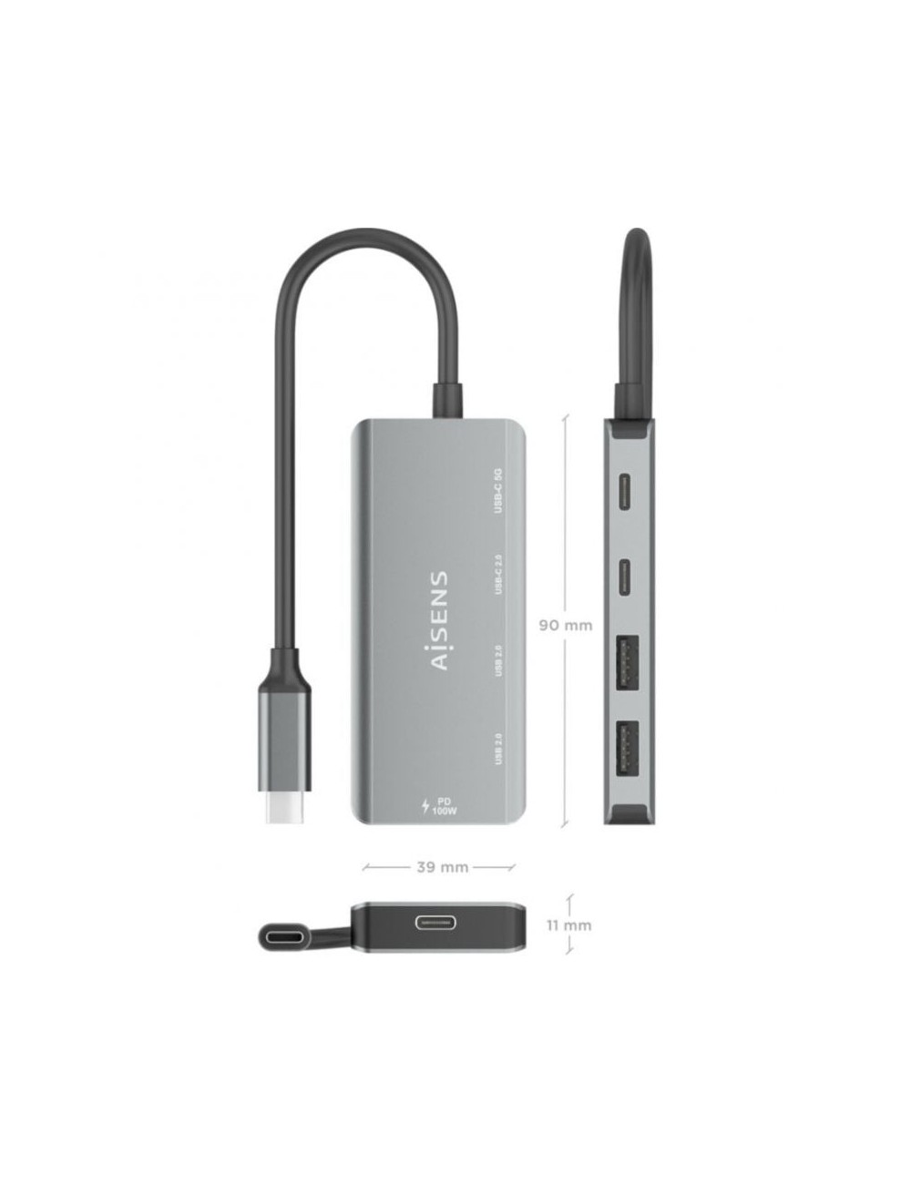 Hub USB Tipo-C Aisens A109-0946/ 2xUSB/ 2xUSB Tipo-C/ 1xUSB Tipo-C PD/ Gris