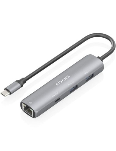 Hub USB Tipo-C Aisens ASUC-4P039-GR/ 1xUSB Tipo-C/ 2xUSB/ 1xRJ45/ Gris