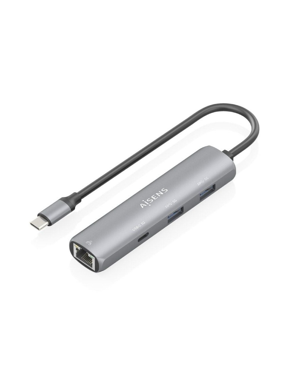 Hub USB Tipo-C Aisens ASUC-4P039-GR/ 1xUSB Tipo-C/ 2xUSB/ 1xRJ45/ Gris