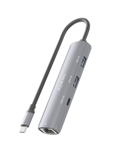 Hub USB Tipo-C Aisens ASUC-4P039-GR/ 1xUSB Tipo-C/ 2xUSB/ 1xRJ45/ Gris
