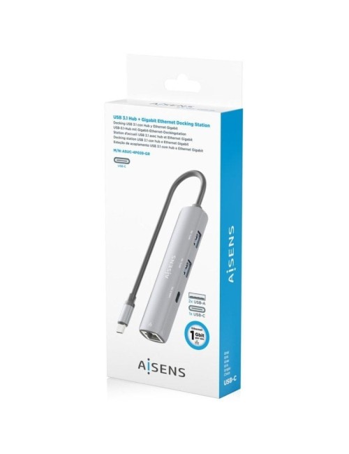 Hub USB Tipo-C Aisens ASUC-4P039-GR/ 1xUSB Tipo-C/ 2xUSB/ 1xRJ45/ Gris