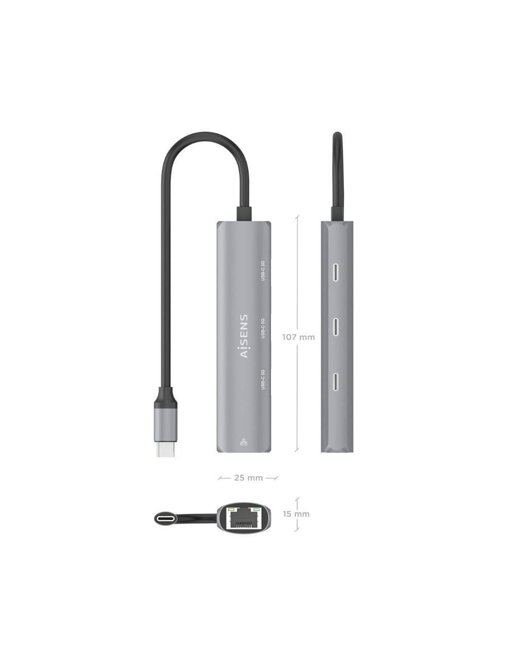 Hub USB Tipo-C Aisens ASUC-4P041-GR/ 3xUSB Tipo-C/ 1xRJ45/ Gris