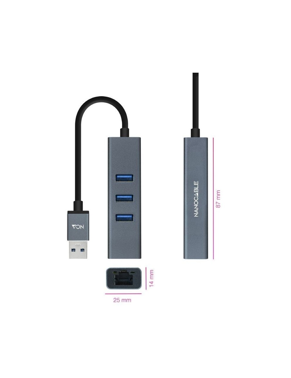 Hub USB 3.0 Nanocable 10.03.0407/ 3xUSB/ 1xRJ45/ Gris