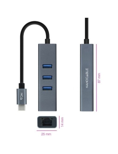 HUB USB 3.0 TIPO C NANOCABLE - 3 PORTS USB - 1 RJ45 - GRIS ( 10.03.0408 )