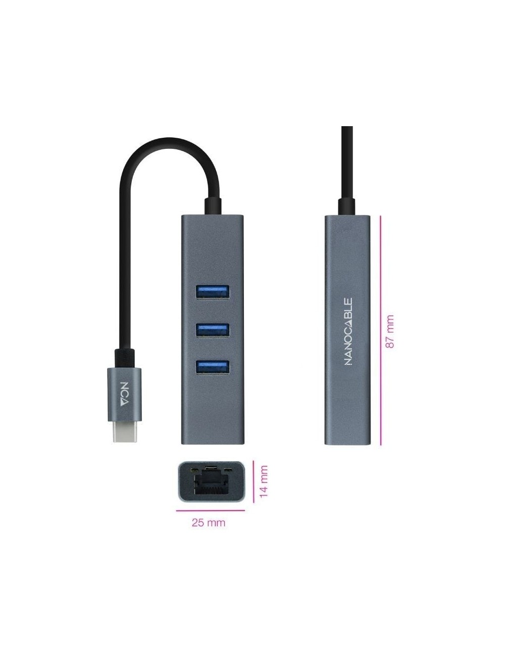 HUB USB 3.0 TIPO C NANOCABLE - 3 PORTS USB - 1 RJ45 - GRIS ( 10.03.0408 )