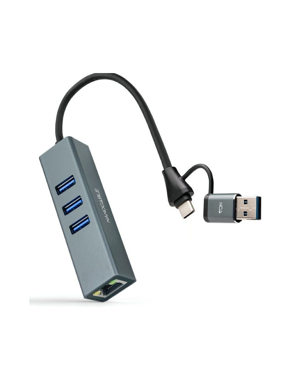 Hub USB + USB Tipo-C 3.0 Nanocable 10.03.0412/ 3xUSB/ 1xRJ45/ Gris