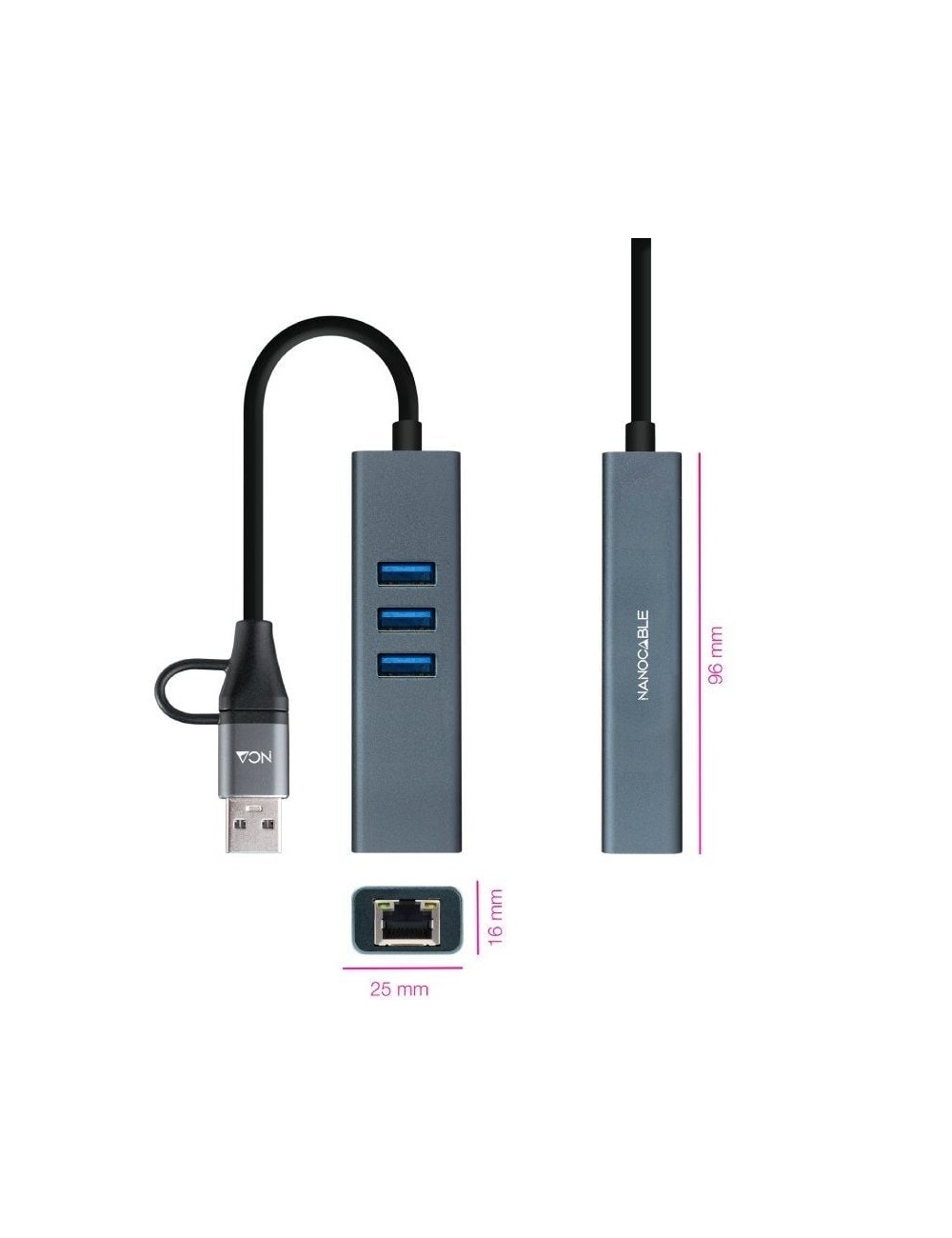 Hub USB + USB Tipo-C 3.0 Nanocable 10.03.0412/ 3xUSB/ 1xRJ45/ Gris