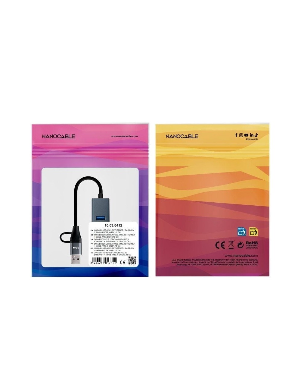 Hub USB + USB Tipo-C 3.0 Nanocable 10.03.0412/ 3xUSB/ 1xRJ45/ Gris