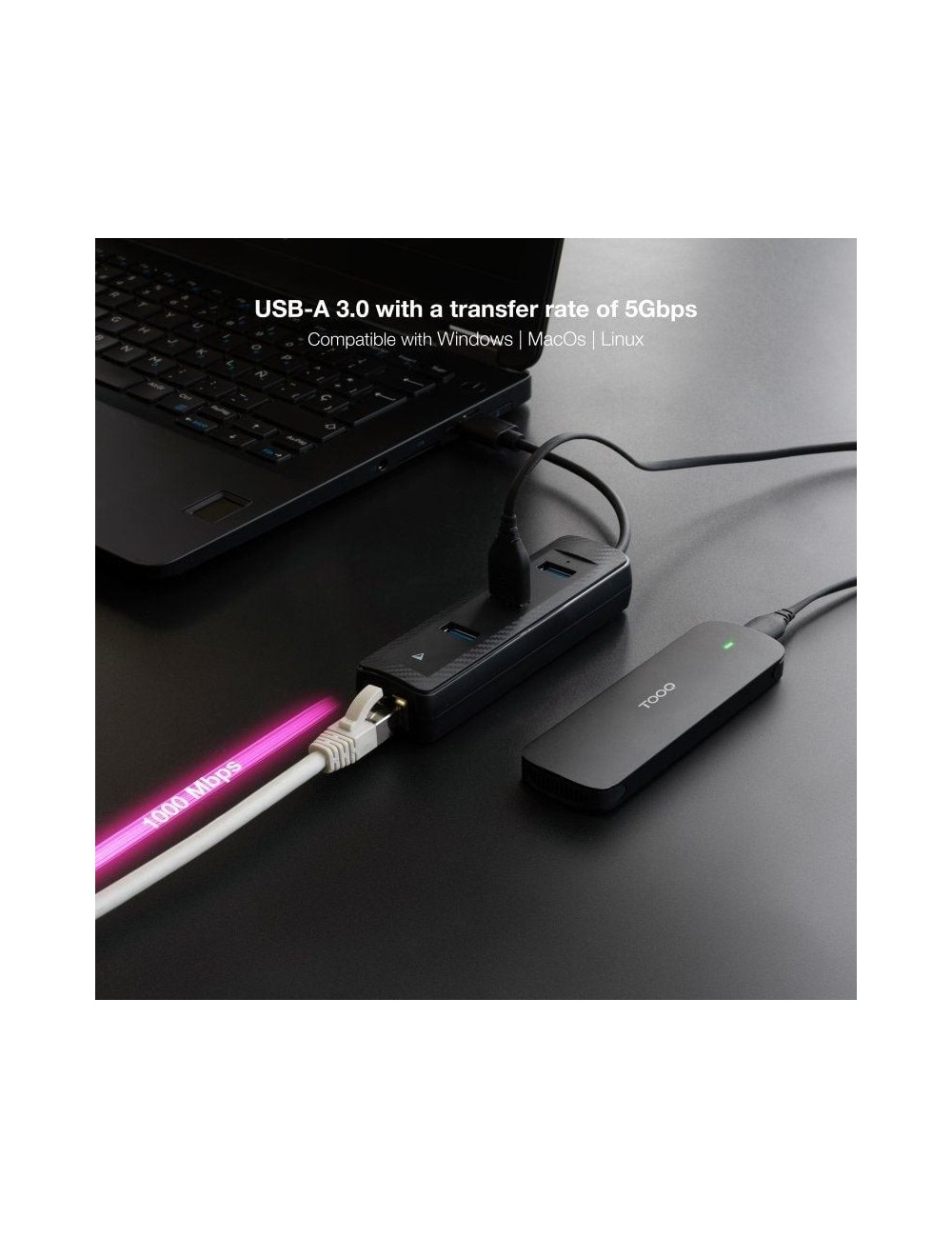 Hub USB 3.0 Nanocable 10.16.4604/ 3xUSB/ 1xRJ45/ Negro