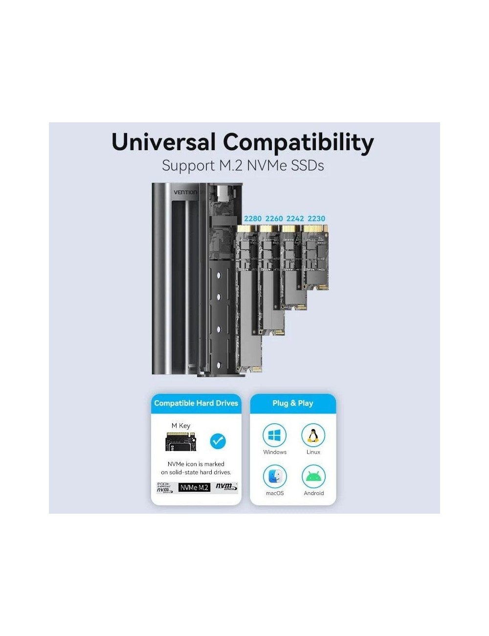Caja Externa para Disco SSD M.2 NVMe Vention KPKH0/ USB Tipo-C 3.1/ Sin tornillos