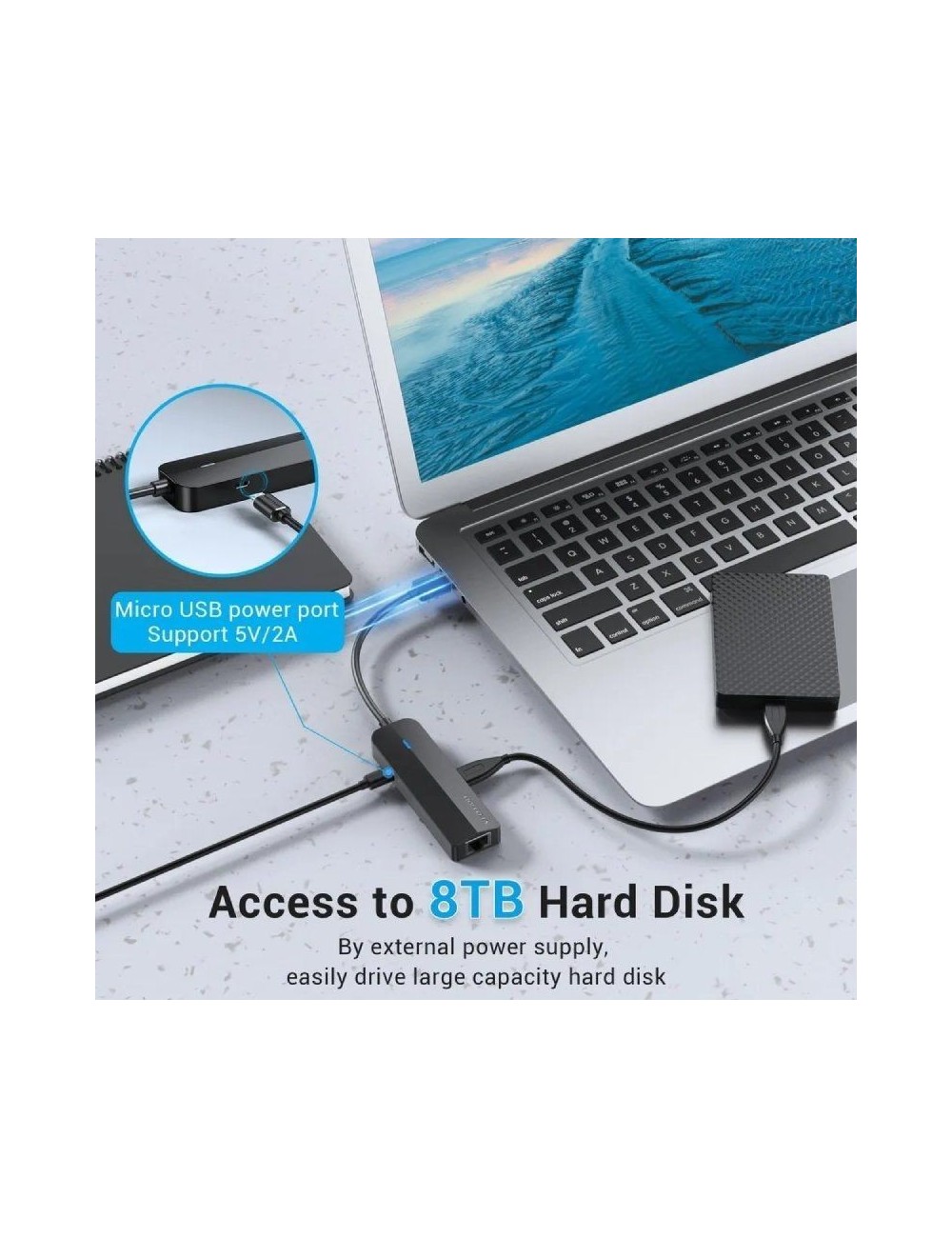 Hub USB 2.0 Vention CHPBB/ 3xUSB/ 1xMicro USB PD/ 1xRJ45